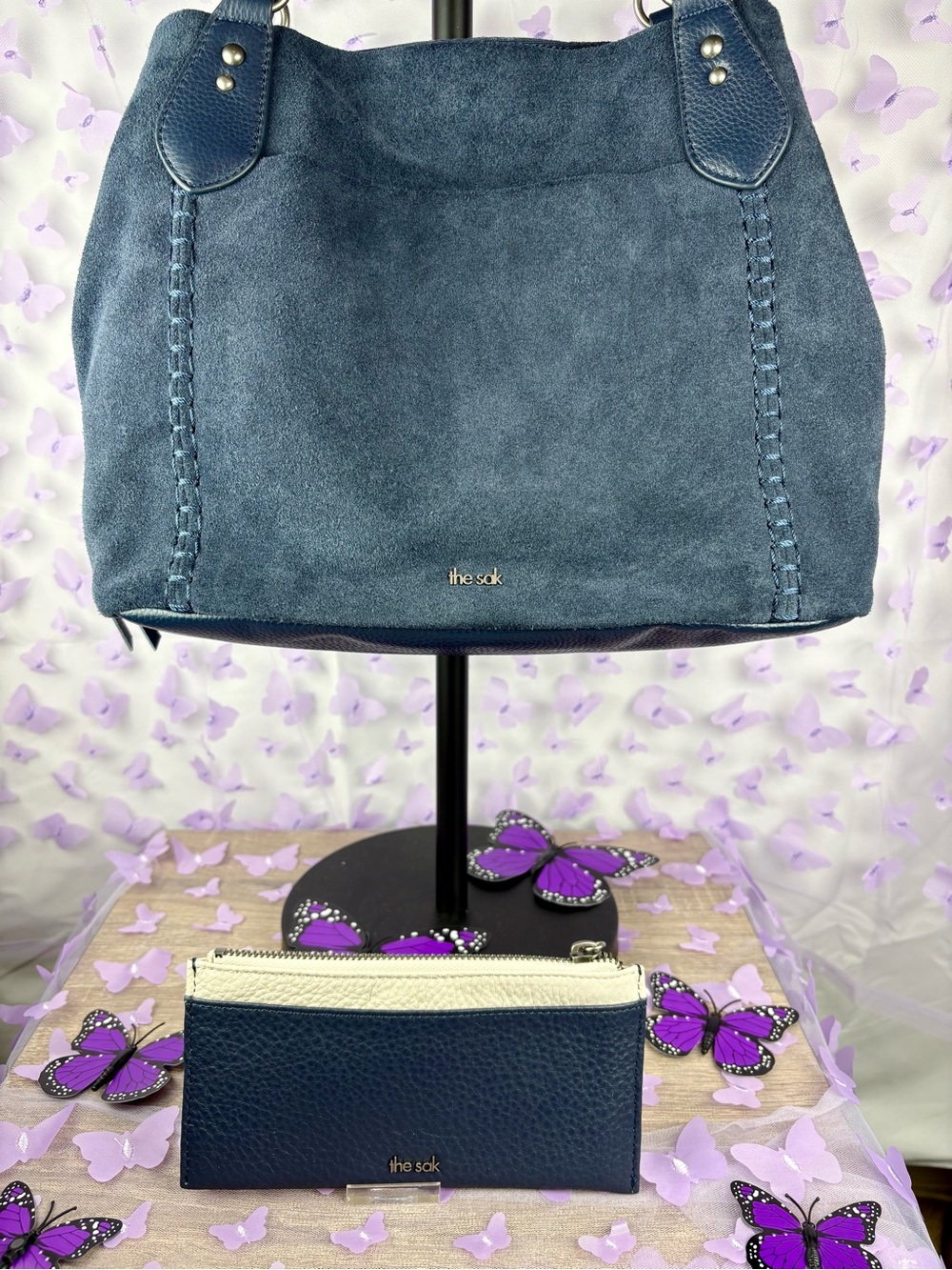 The Sak Navy Suede Shoulder Bag with Navy & Cream Zip Wallet